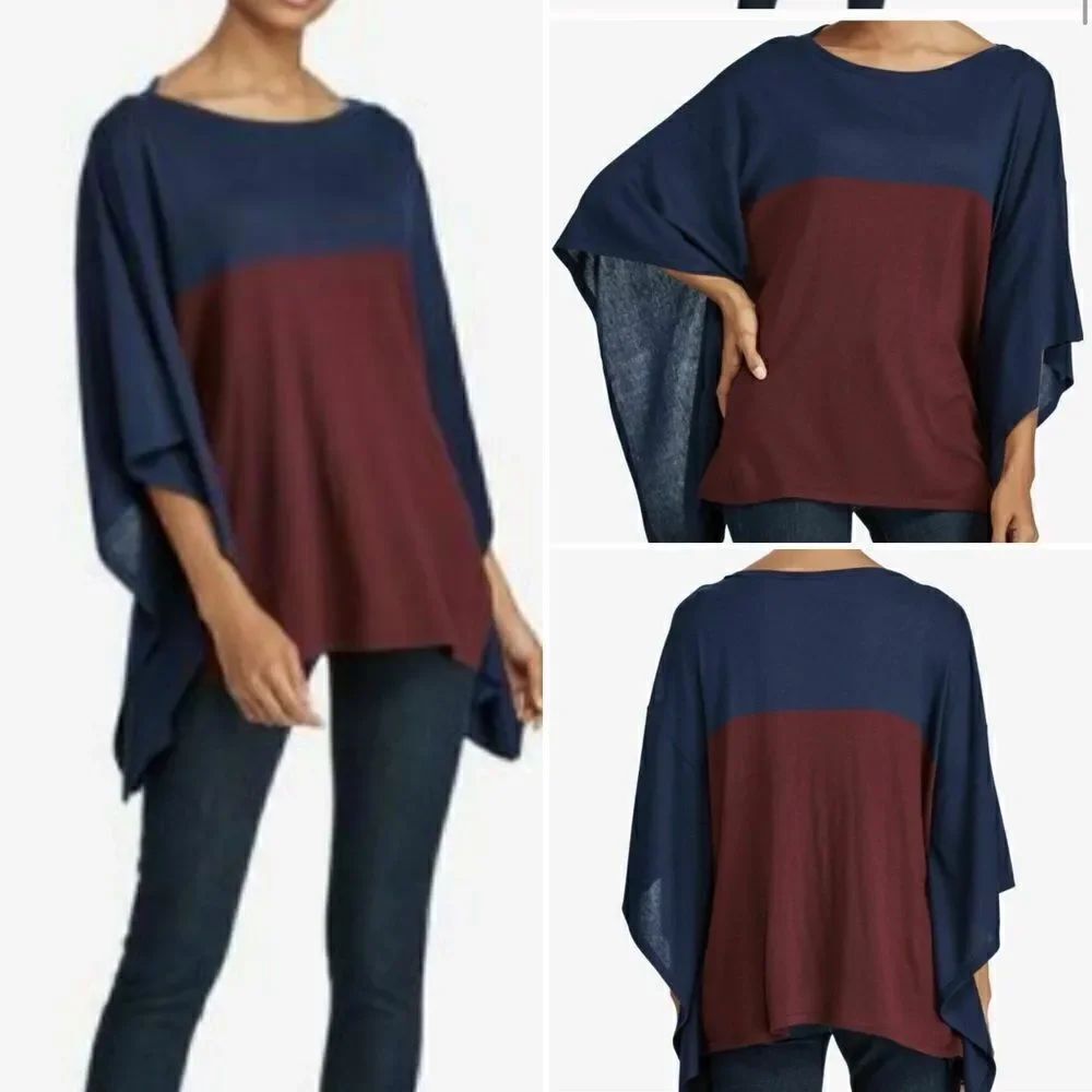 LAUREN Ralph Lauren Maroon and Navy Poncho Sweater